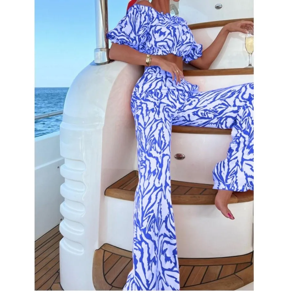 

Сексуальный женский ультракороткий топ на одно плечо, летняя мода, повседневная одежда с открытой спиной для пляжного отдыха, женские длинные брюки, комплект из 2 предметов