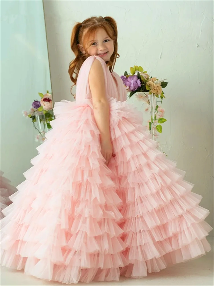 Cute Elegant Flower Girl Dress Lovely Pink Angel Sleeveless Tulle Lace Princess Ball First Communion Dresses Kids Birthday Gift