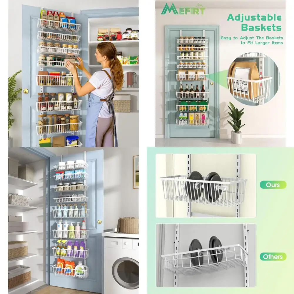 

8-Tier Deep Basket Wall Pantry Organizer, Heavy-Duty Metal Storage Rack for Spices, Seasonings, Kitchen, Laundry, Bathroom, Whit