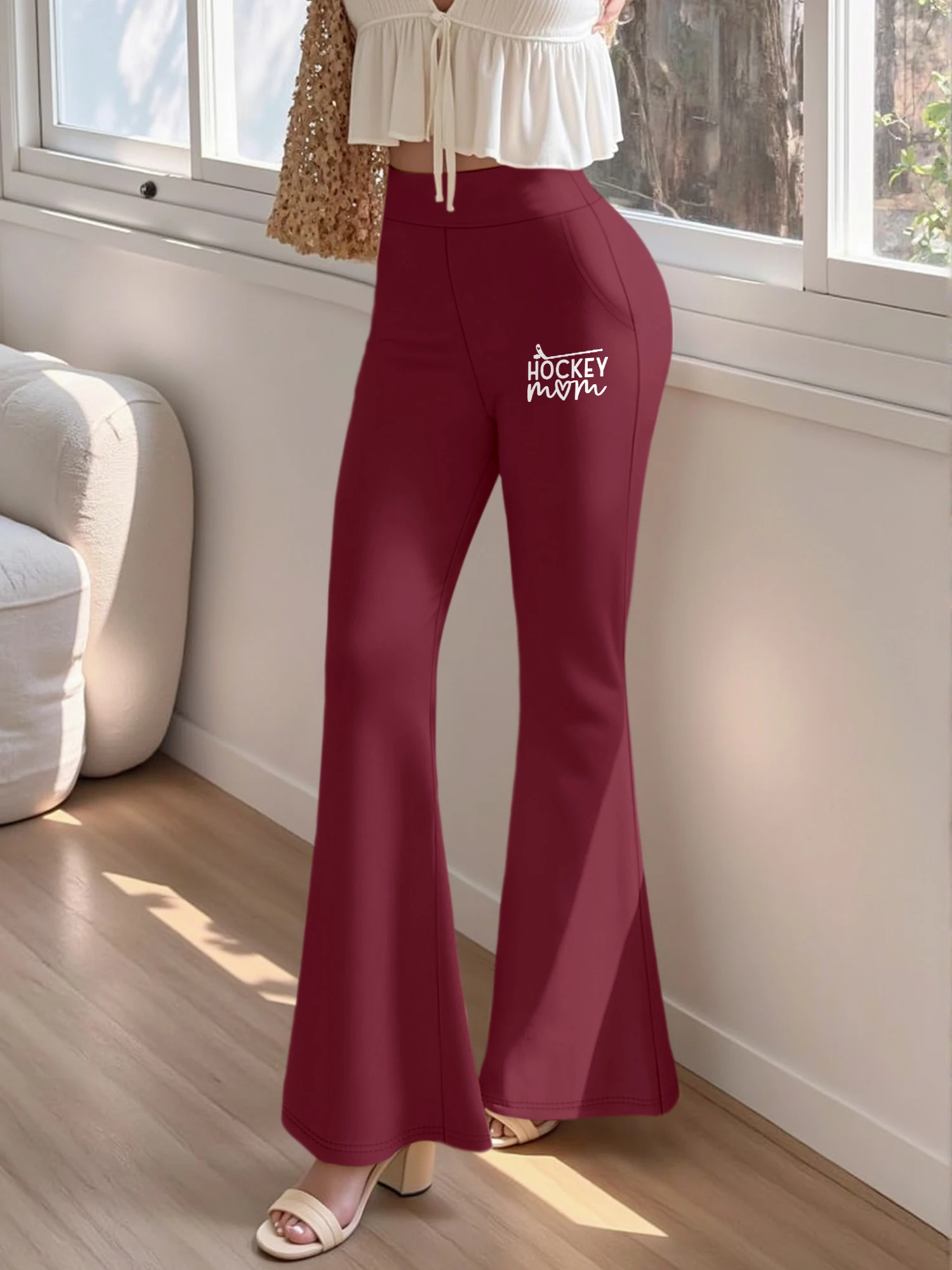 Sporty Hockey Mom Stick Heart Graphic High Waist Flared Pants Comfy Stretch Athletic Women Bell Bottom Sweatpants