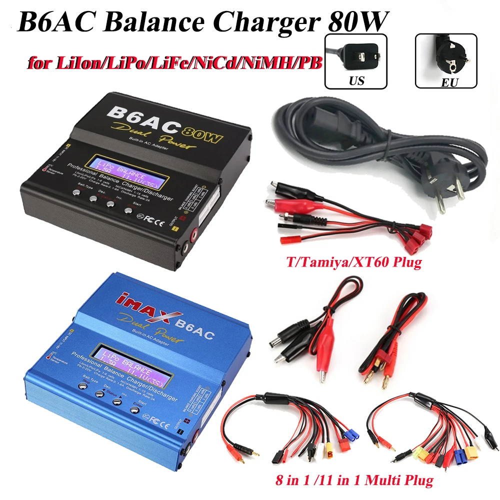 

RC B6AC Balance Charger AC/DC 80W 6A Lipo NiMh Li-ion Ni-Cd Battery Discharger 8/11 in 1 T/Tamiya/XT60 Plug for Car Drone Plane