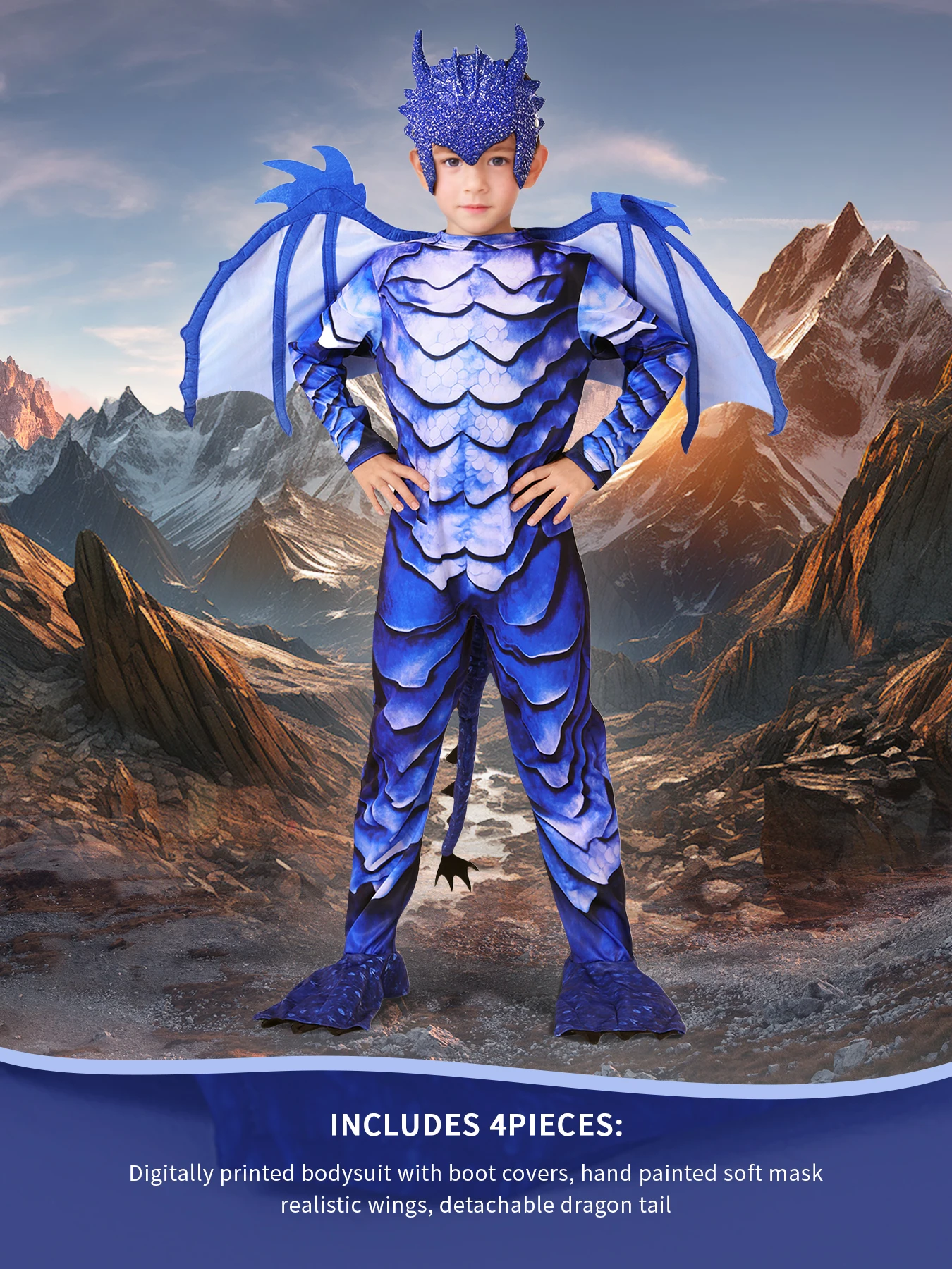 Kids Blue Dragon Jumpsuit Costume with Wings, Tail, and Mask 6