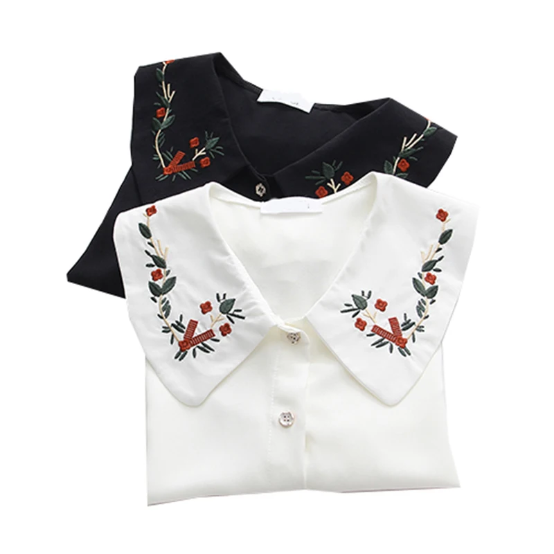 Vintage bloem borduurwerk shirts voor vrouwen, turn-down kraag, lantaarn mouw, losse dame tops, elegante bovenkleding, zomer, 2024