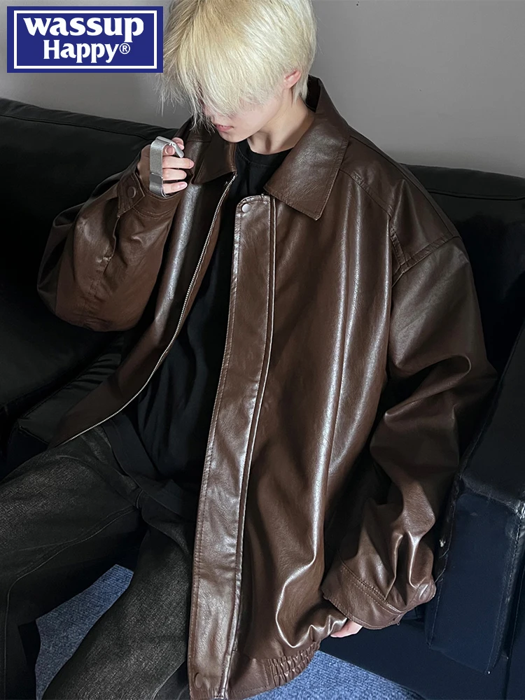 

Мужская повседневная свободная кожаная куртка Wassup Happy, байкерское пальто из искусственной кожи, весна-осень-зима, модная брендовая уличная одежда