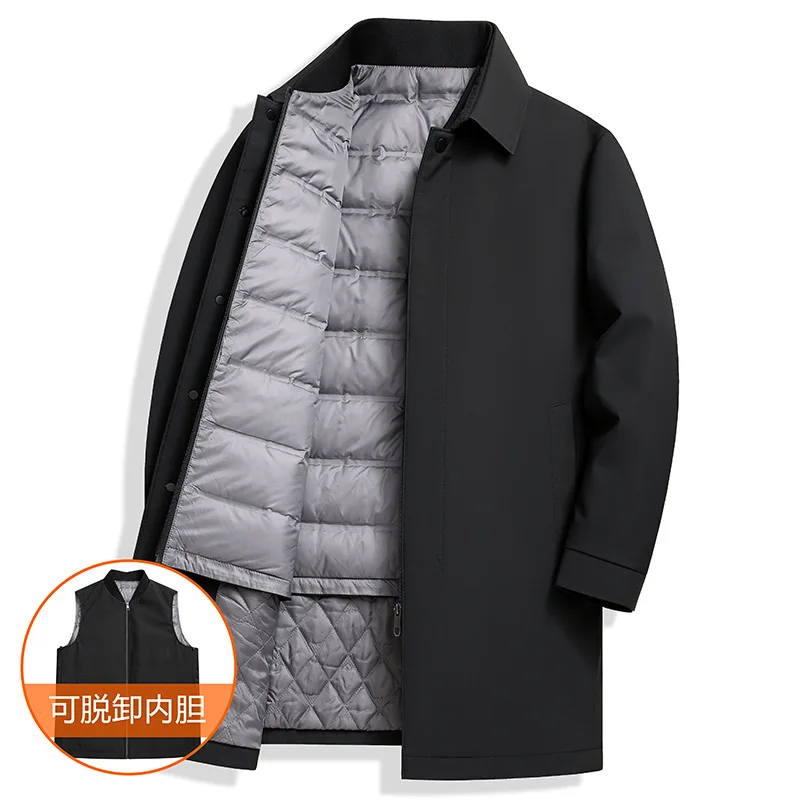 Mid-Length Trench Down Jacket Men 90% White Duck Down Business Casual Winter Coat With Detachable Liner 2 In 1 Outerwear JK-182