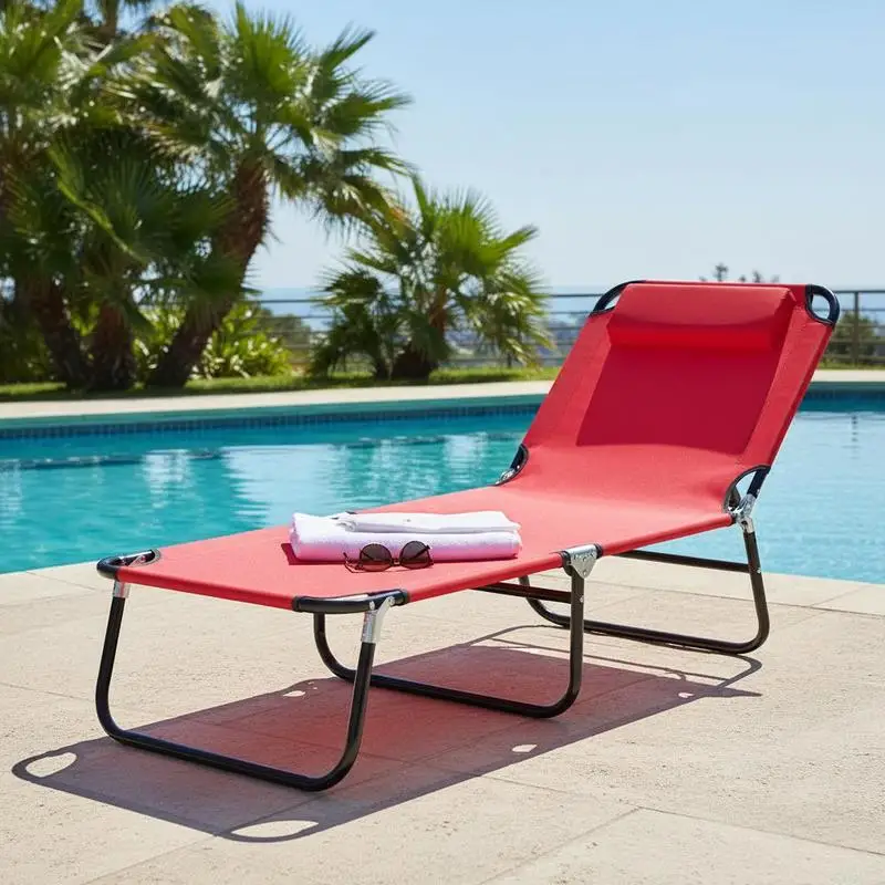 Folding Chaise Lounge Pool Chairs, Outdoor Sun Tanning Chairs with 5-Level Reclining Back, Steel Frame for Beach, Yard, Patio, Red