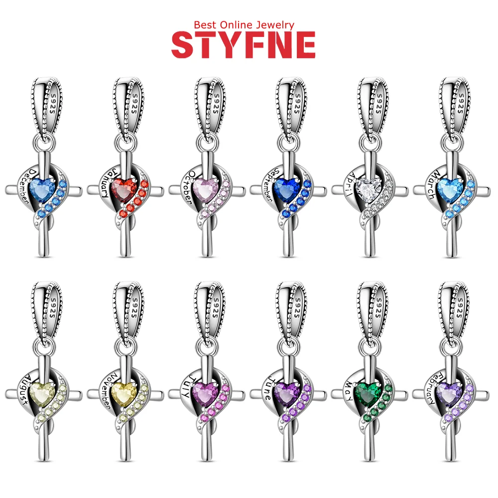 

New Colorful Zircon Cross Charms Purple Birthstone Pendant 925 Silver Beads for Diy Making Original Bracelet Women Jewelry Gifts