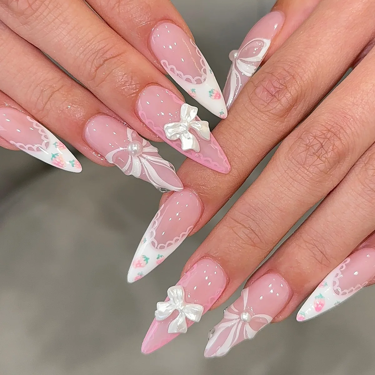 

24Pcs White Lace French Fake Nails 3D Bow Strawberry Pearl Full Cover Nails Tips Mid-length Almond Wearable Press on False Nails