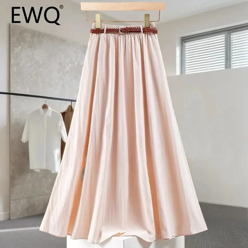 

EWQ Casual A-line Long Skirt For Women Versatile Belt Gathered Waist Loose Fit Solid Color Skirts Fashion 2024 New 27X448