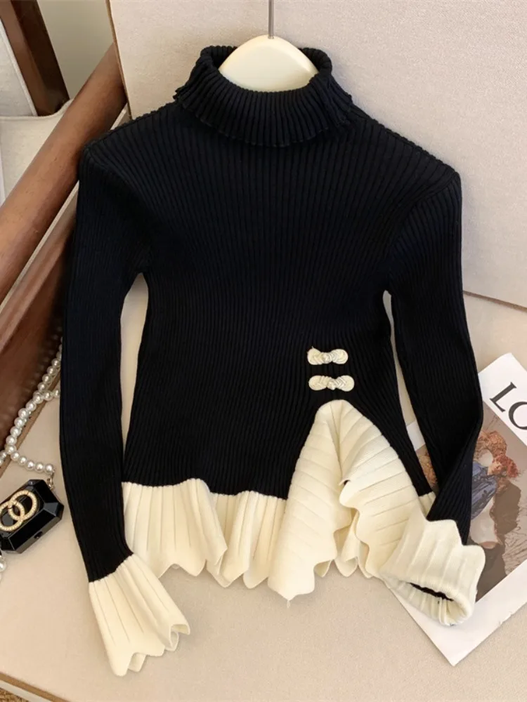 

Autumn Winter Gentle Sle Women's Knitted Sweater Slim Fit Base irt Boting Top with Hem Splicing Soft Ele Design