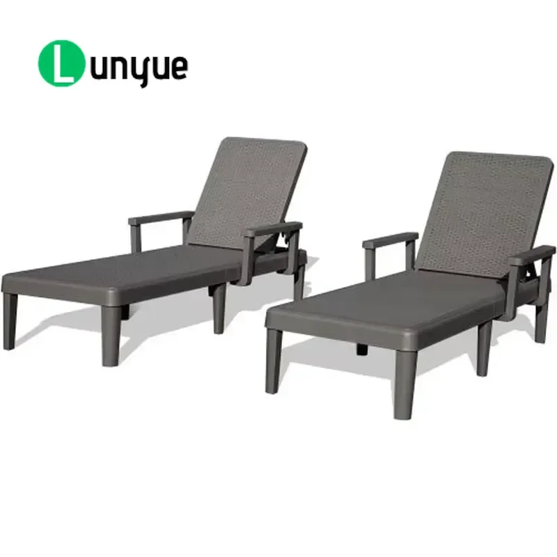 2 Piece Outdoor Recliner Set Gray Resin Waterproof Chair with 6 Position Adjustable Backrest and Armrests for Patio