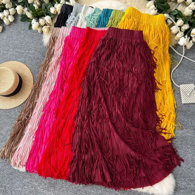 Novedad en 2025, falda larga por debajo de la rodilla con borlas para primavera y verano para mujer, ropa de calle de cintura alta a la moda, faldas informales