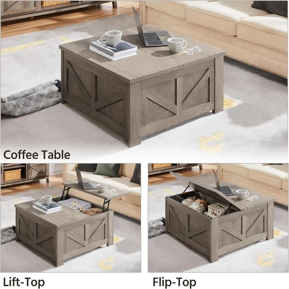 Lift Top Coffee Table, Square Farmhouse Coffee Table with Hidden Storage Compartment, Wood Center Table for Living Roo