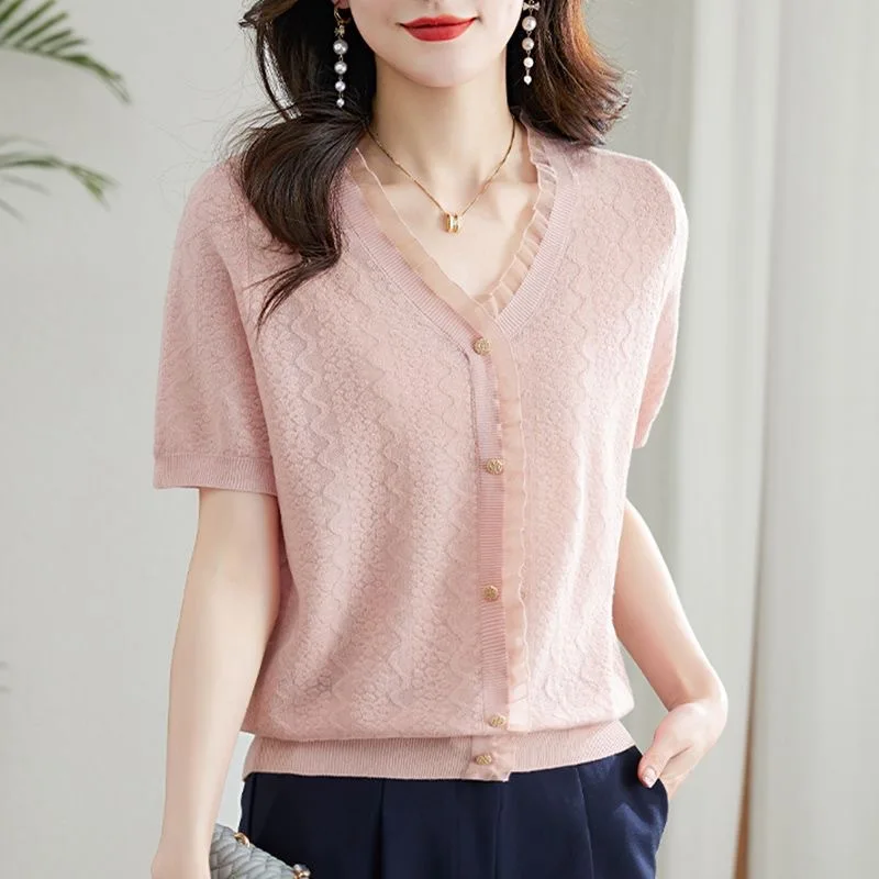 Women Summer Fashion Ruffle Lace Patchwork Elegant Ice Silk Thin Kintted T Shirt Female V Neck Short Sleeve Solid Slim Chic Tops