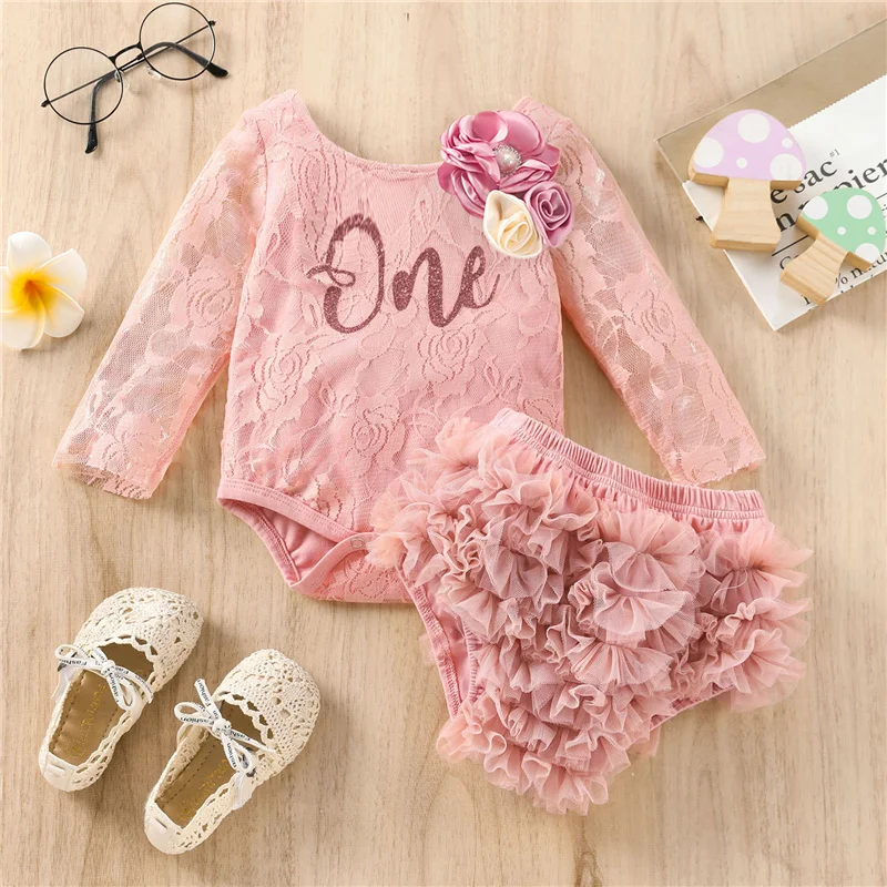 Infant Baby Girl Outfits, Long Sleeve Letter Floral Lace Round Neck Romper Ruffle Briefs Shorts with Removable Brooch, 3-24M