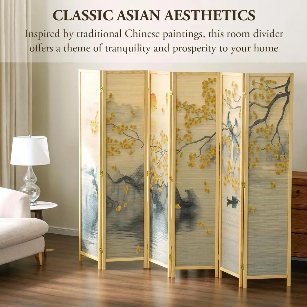 Asian-Inspired 6 Panel Bamboo Room Divider with Birds, Gingko Biloba, and Sunset Artwork
