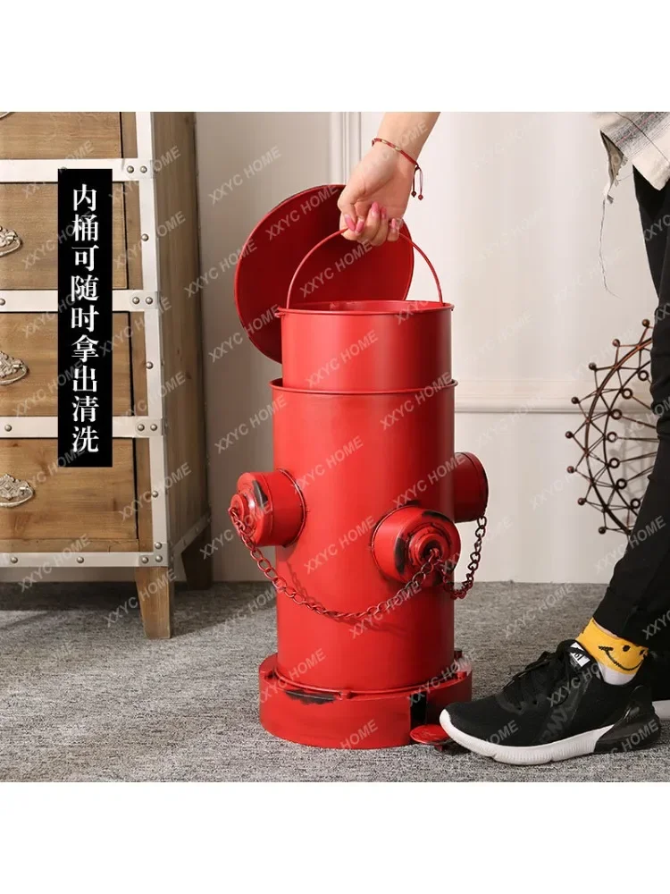 Retro Industrial Fire Hydrant Iron Trash Can Pedal Home Living Room Creative Household Restaurant Bar with Lid