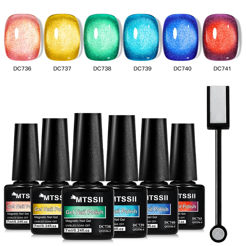 Mtsii 6 pçs gato gel magnético unha polonês com vara magnética para unhas grânulo de vidro cristal semi-transparente arte do prego gel manicure
