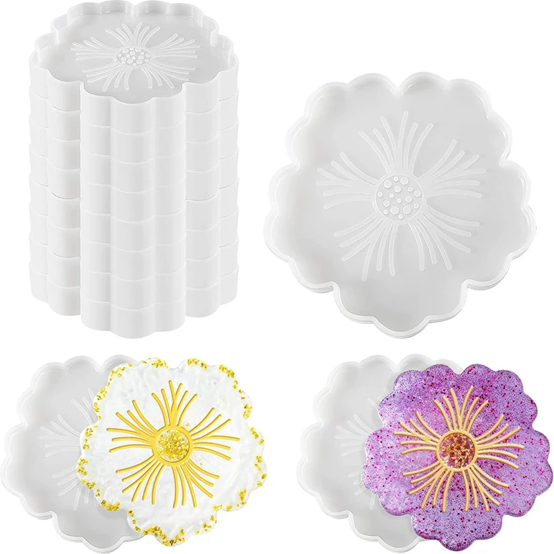 

10 Pieces Flower Coaster Mold Silicone Agate Coaster Mold Epoxy Resin Casting Molds DIY Tray Resin Mold For Cup Mats