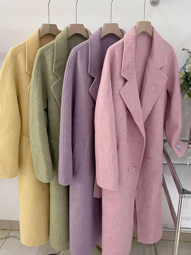 2023 Autumn  Women Drouble Breasted Woolen Coat With Belt Mulberry Silk Cashmere Winter Clothes Long Coats Tops New