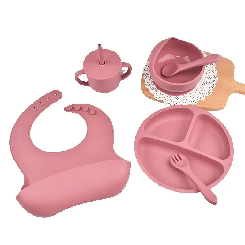 10pcs Children's Silicone Dinner Plate Set Strong Suction Anti-Fall Children's Eating Training Bowl Fork Spoon Feeding Tableware