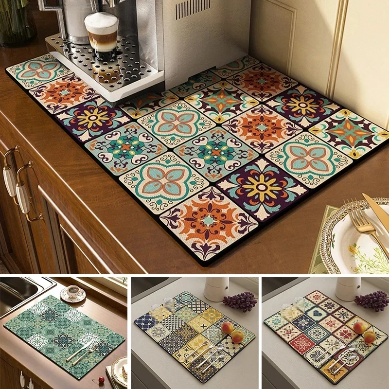 Kitchen Mat for Drying Dishes Absorbent Sink Drain Pad Tableware Coffee Draining Pad Printed Dinnerware Cup Bottle Placemat Rugs