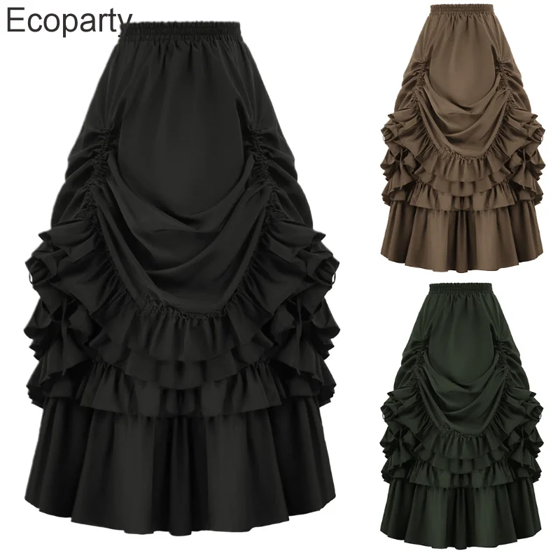 New Victorian Gothic Skirts For Women Black Renaissance Steampunk High Waisted Irregularly Pleated Skirt Ladies Medieval Costume