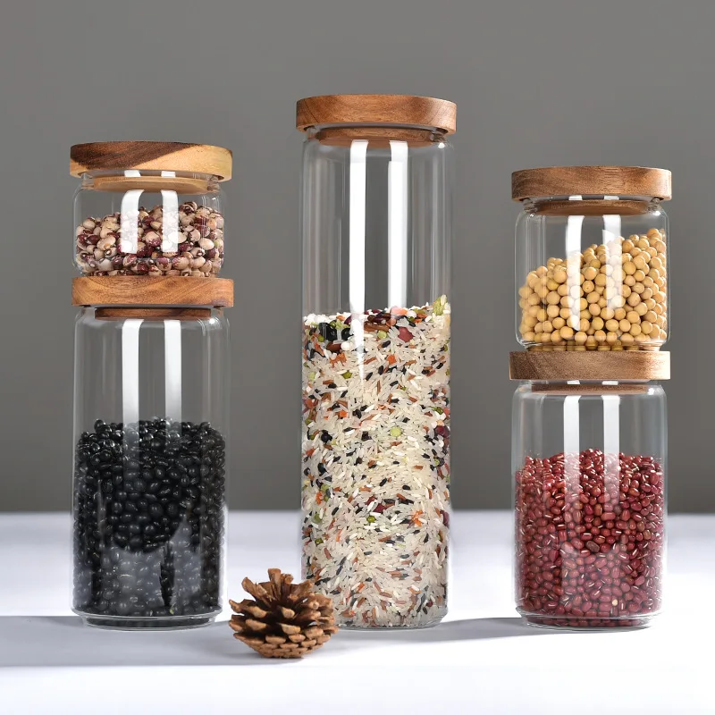 

Large Capacity Round Glass Storage Jars, Acacia Wood Cover, Sealed Glass Bottle, Kitchen Seasoning Tank, 5 Units