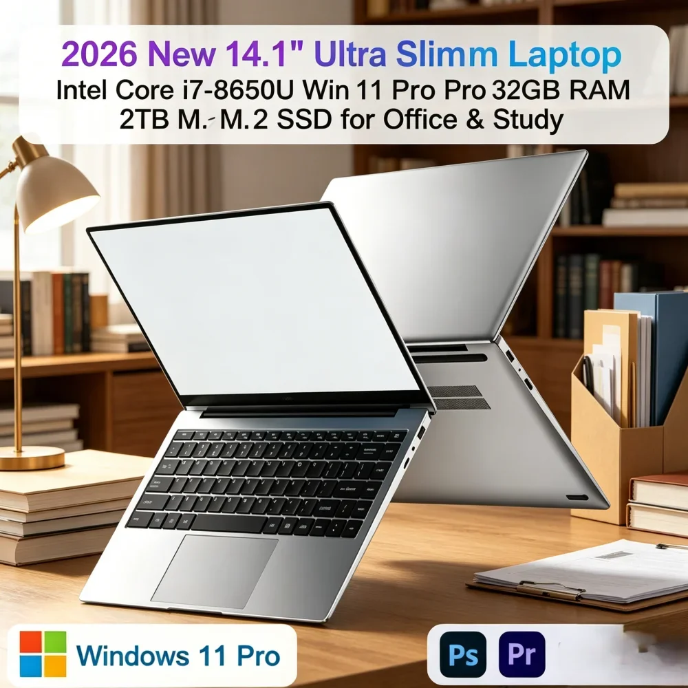Nuevo Portátil Delgado de 14.1 Pulgadas 2026, Intel i7-8650U, Win11 Pro, 32GB RAM, 2TB M.2 SSD, Portátil para Oficina y Estudio