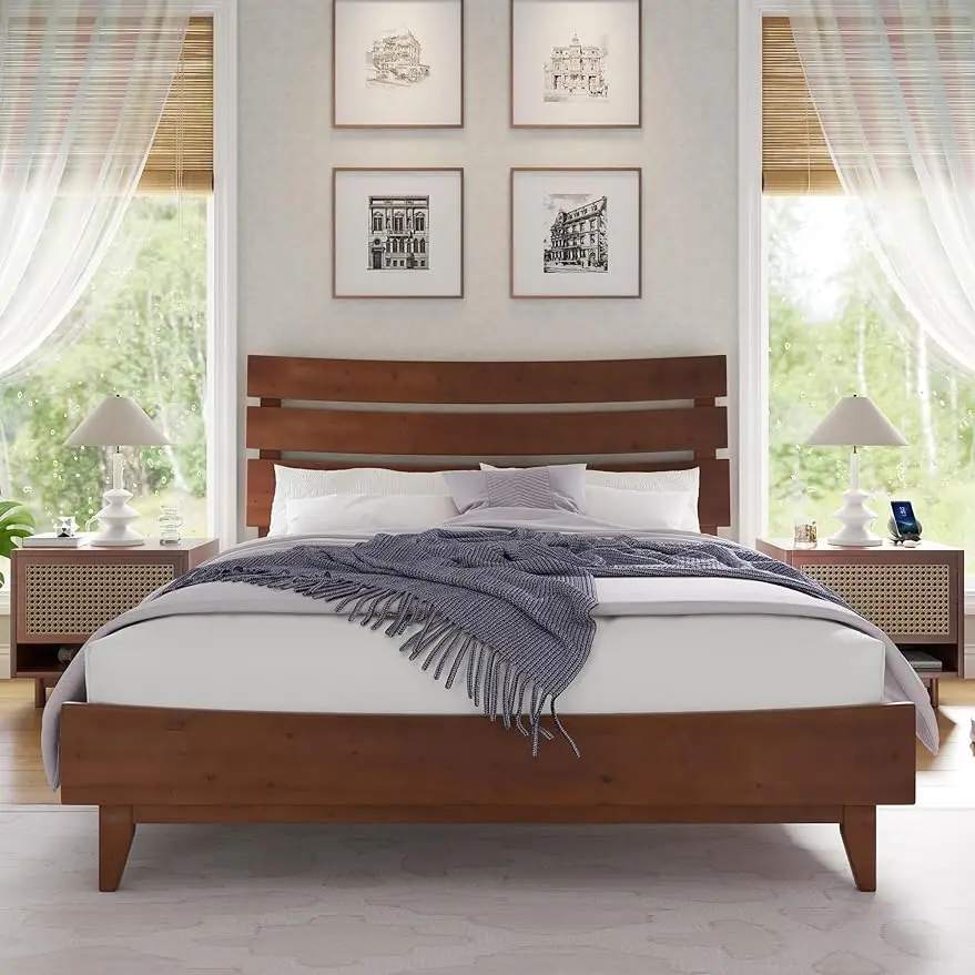 

Solid Wood Bed Frame, Mid Century Platform Bed with Slatted Headboard, Wood Slat Support/No Box Spring Needed/Noise Free