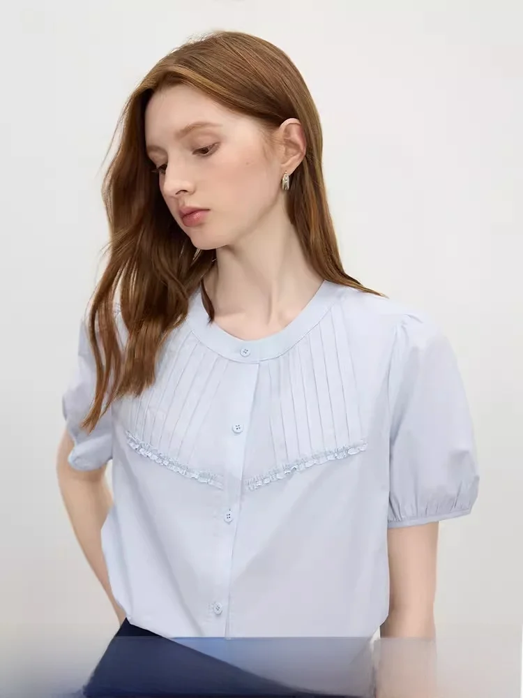 

Fensi Lanen Commute Style Short Sleeve Doll Shirt Women's round Neck Cotton Breathable Casual Fashion Summer New Arrival
