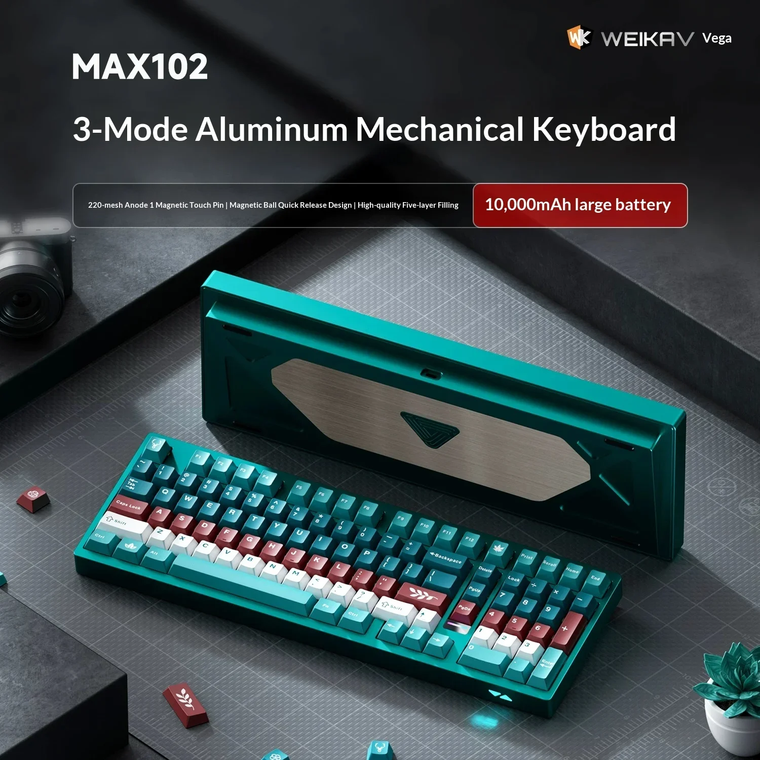WEIKAV MAX102 Tri-Mode Aluminum Mechanical Keyboard QMK VIA 10000mAh Hot-Swappable RGB For Gifts