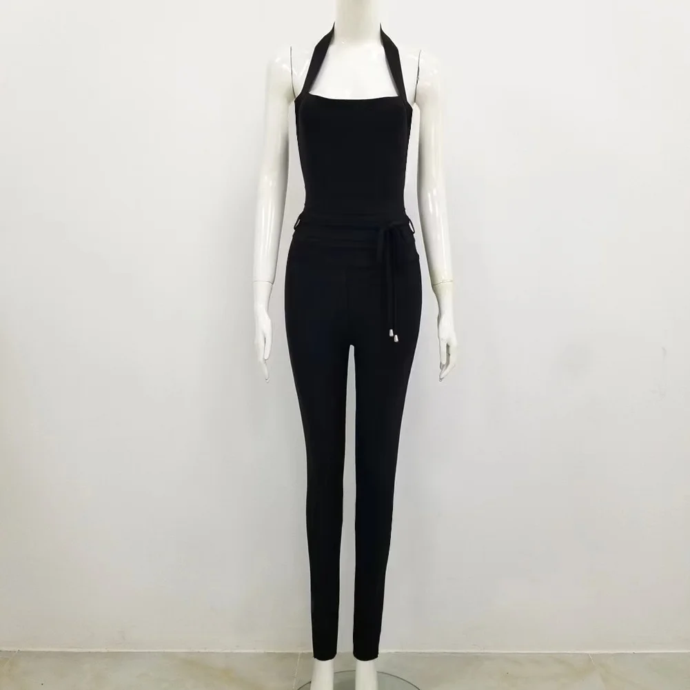 High Quality Black Khaki Women Sexy Laced-up Bodycon Bandage Jumpsuit Nightclub Party Celebrate Birthday Jumpsuit Wholesale