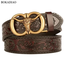 BOKADIAO Men Genuine Leather Belt Luxury Gold Bull Metal Automatic Buckle Cowhide Belts for Men Jeans Waistband Male Strap Black
