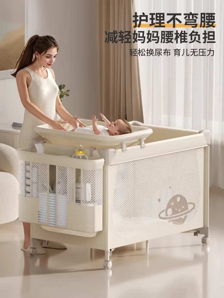 Yunmeng Crib, Splicing Bed with Diaper Table, Movable Folding Crib Multi-functional Gift