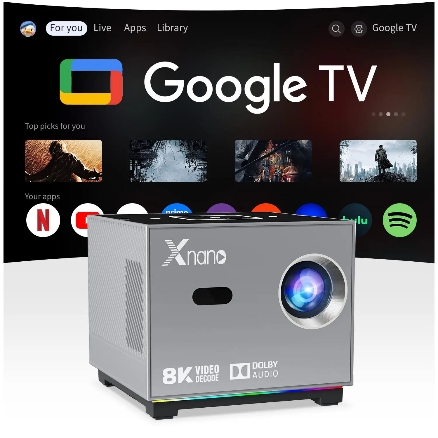 Xnano Portable Smart Projector Native 720P Support 8K  Android9.0 190ANSI ARGB Light Dual WiFi Home Theater Projector