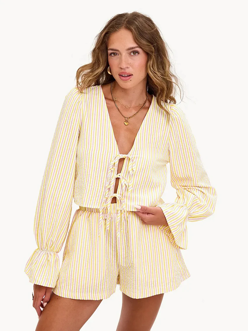 

Marthaqiqi Striped Women Sleepwear Suit V-Neck Pajama Long Sleeve Nightie Crop Top Nightwear Shorts Causal Ladies Nightgowns Set