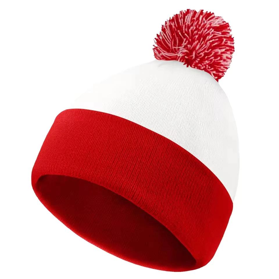 Red White Hat Christmas Cuff Knit Hat With A Yarn Bobble The Hat Top Ear Cap Winter