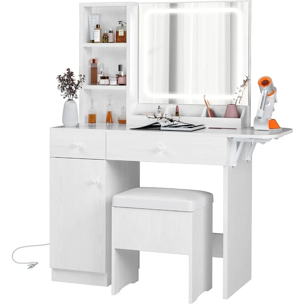 

Dressing table, mirror with LED lighting and power outlet, dressing table, drawers and cabinets, storage stool, bedroom, white