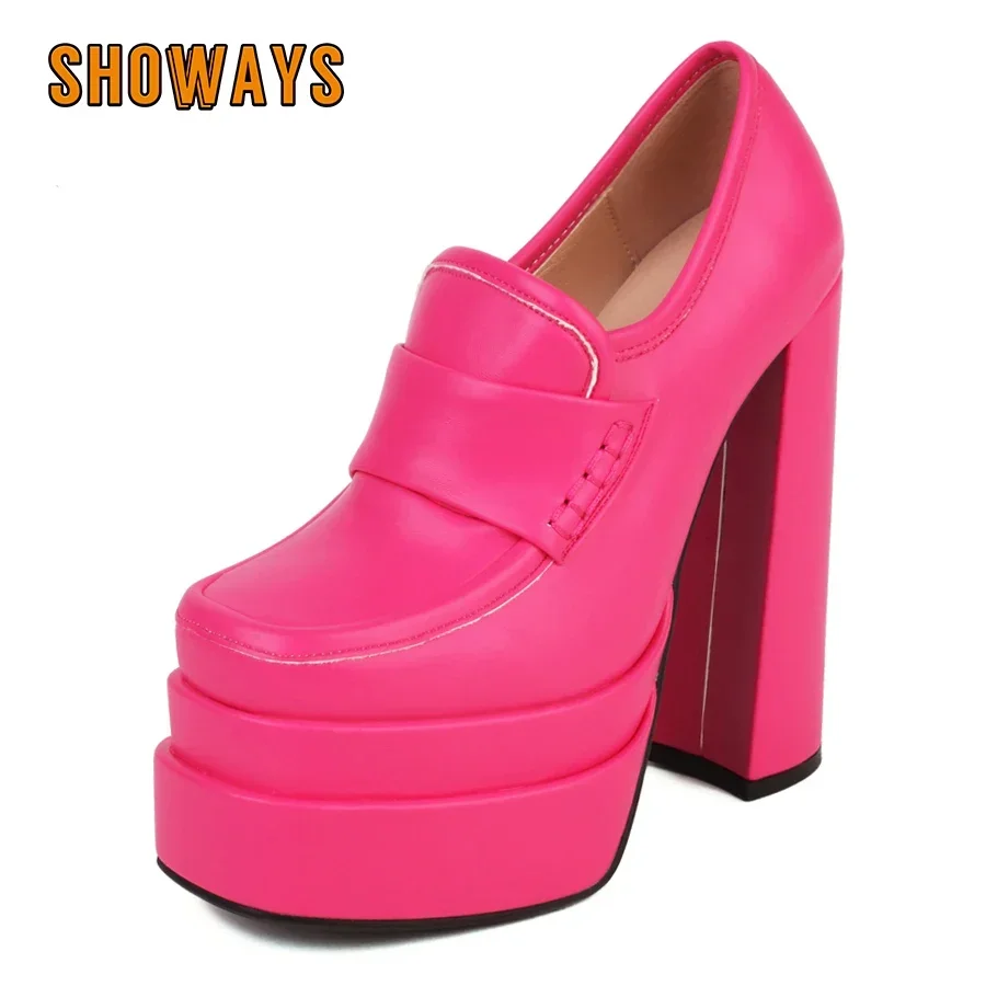 Women High Chunky Heel Platform Pumps Rosy Pink White Microfiber Party Club Lady British Slip-on Square Toe Thick Bottom Loafers