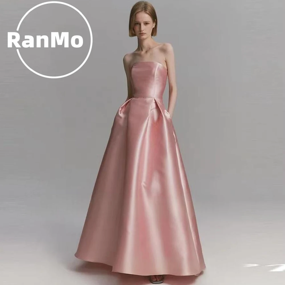Ranmo Simple 2026 Blush Pink Evening Dresses Strapless Bolero Pockets Floor Length Wedding Party Dress Formal Gowns Corset Back