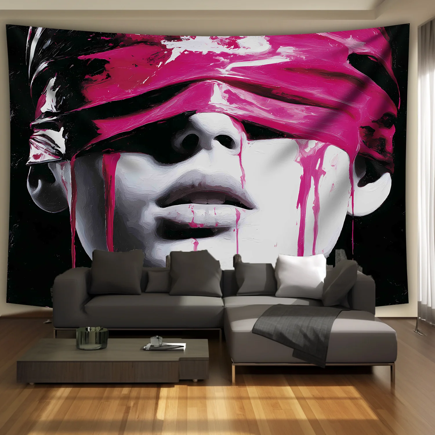 Dramatic Pop Art Face Tapestry Wall Hanging Pink Magenta Abstract Print Modern Home Decor Poster Accent Art