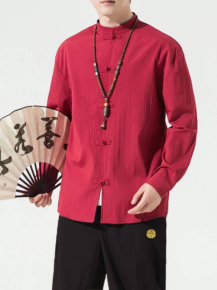 

Loose Fit Casual Men's Tang Suit Jaet in Bright Red New Chinese Sle Autumn Collection Comfortable Long Sve irt Jaet