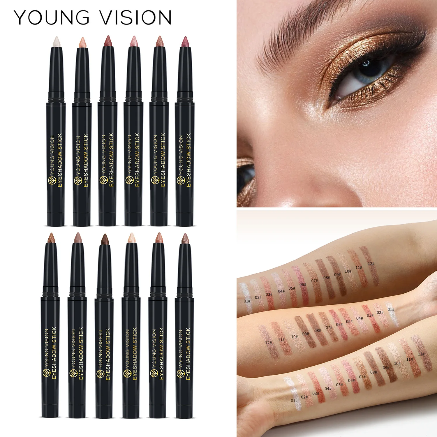 YOUNG VISION-Palo de sombra de ojos impermeable, crema brillante de perlas de larga duración, fórmula fácil de colorear, fina y suave, 6 piezas por juego