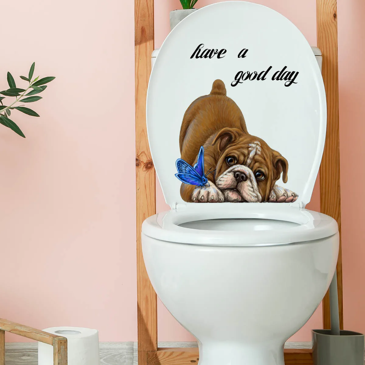Bulldog Butterfly Toilet Sticker Have A Good Day Wall Stickers Restroom Decorative Butterfly Dog Toilet Stickers Self-adhesive
