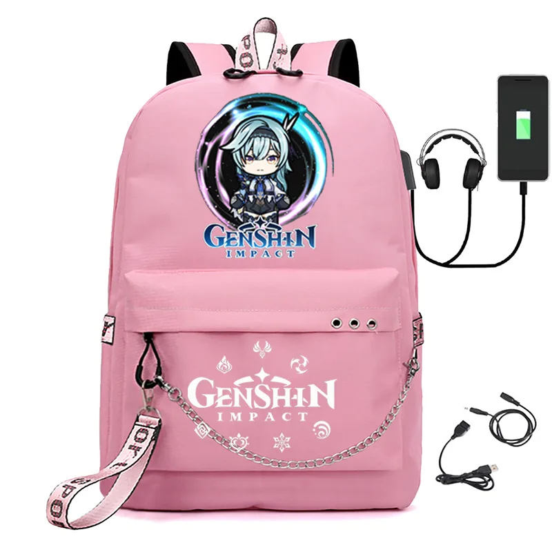 Genshin Impact Backpack Women Men Oxford Waterproof Chain USB Interface Laptop Backpack Children Boys Girls Anime Schoolbag