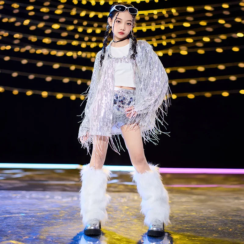 

6-15 Детский костюм в стиле хип-хоп, серебряная куртка с блестками и кисточками, блестящий джазовый сценический костюм, барабанный набор, сценический костюм с блестками