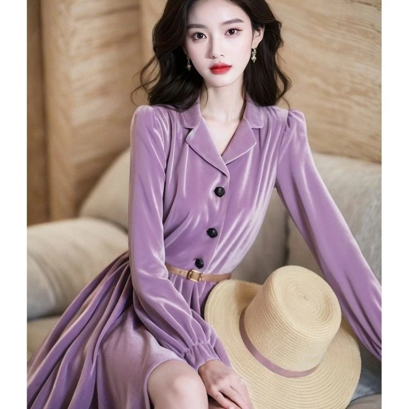 

Summer Women High Waisted Suit Collar Puff Sleeve Purple Velvet Dress , Woman Fashion Elegant Velour Long Dresses