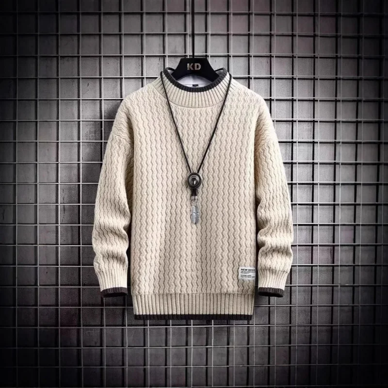 厚手の長袖ハーフハイカラーニットセーター、ティーン向け冬用暖かいトップス、2024年新作メンズファッション秋服