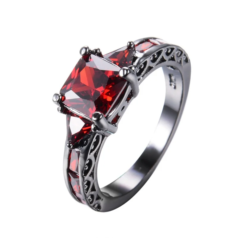 2026 New Black Gun Color Square Red Zircon Ring Gothic Style Hollowed Out Pattern Pomegranate Red Accessory